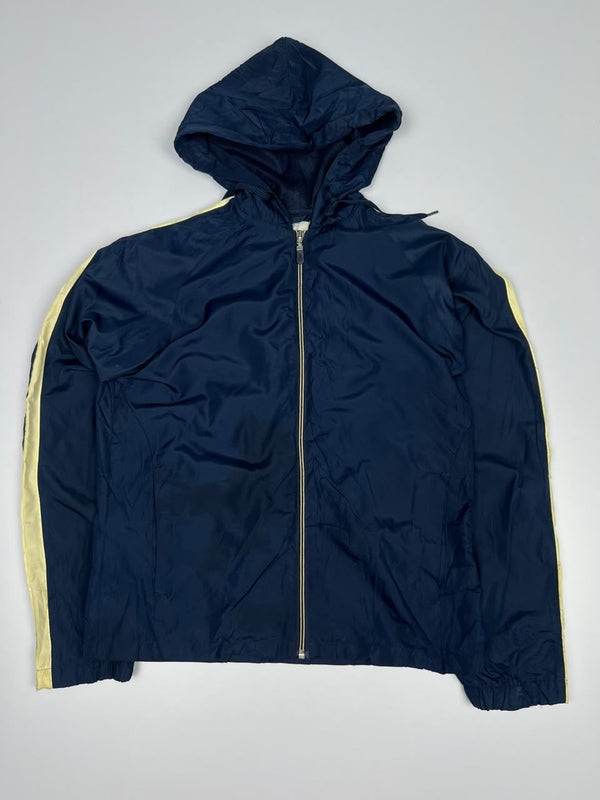 Navy Blue Hooded Windbreaker Jacket with Yellow Contrast Side Stripes – Vintage Sportswear Jacket