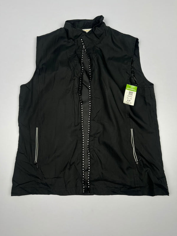 Vintage Black Sleeveless Zip-Up Utility Vest with Studded Trim and Contrast Zipper Pockets ⚠️ No Zip