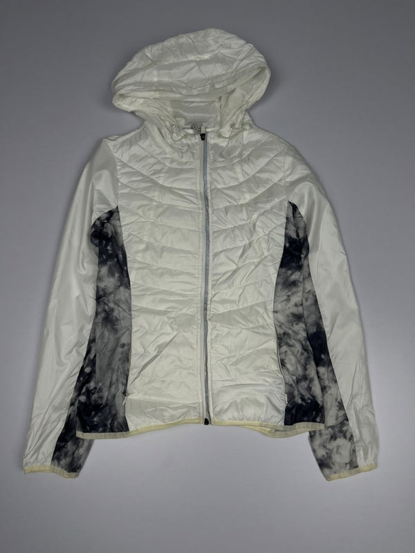 White Quilted Hooded Zip-Up Jacket with Black Tie-Dye Side Panels