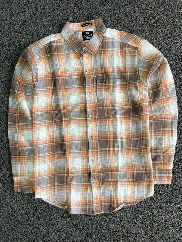 SKINN Colors Smart Fit Brown & Orange Plaid Flannel Shirt