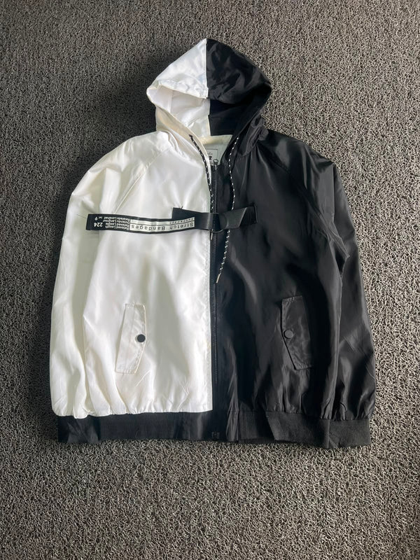 Vintage Black & White Full Zip Hooded Windbreaker Jacket ⚠️ Small Stains