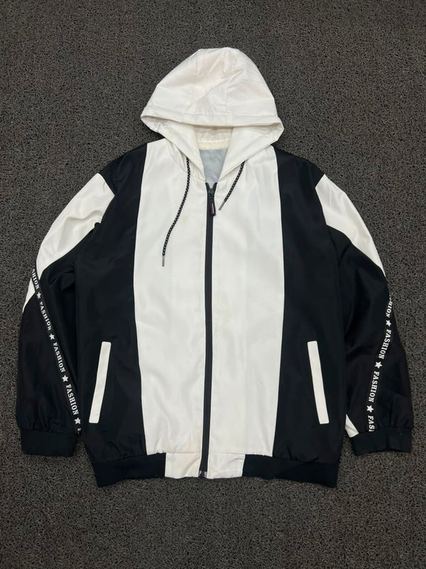 Vintage Black & White Color Block Hooded Windbreaker Jacket
