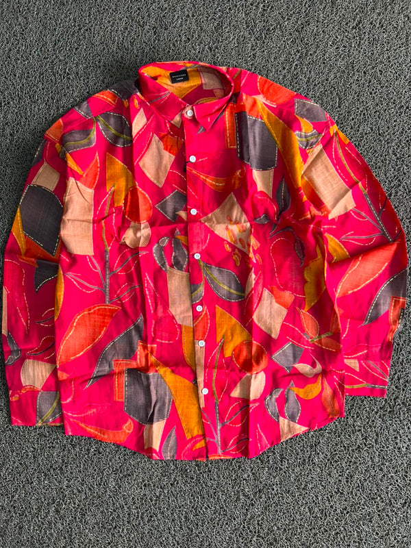 Abstract Leaf Print Long Sleeve Button-Up Shirt – Pink & Orange Vintage Style