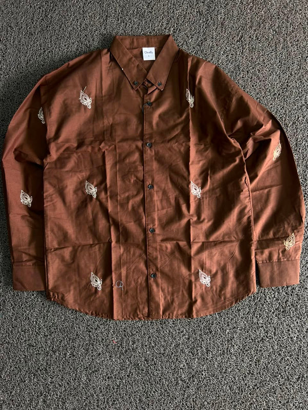Chally Brown Leaf Embroidery Button-Down Shirt
