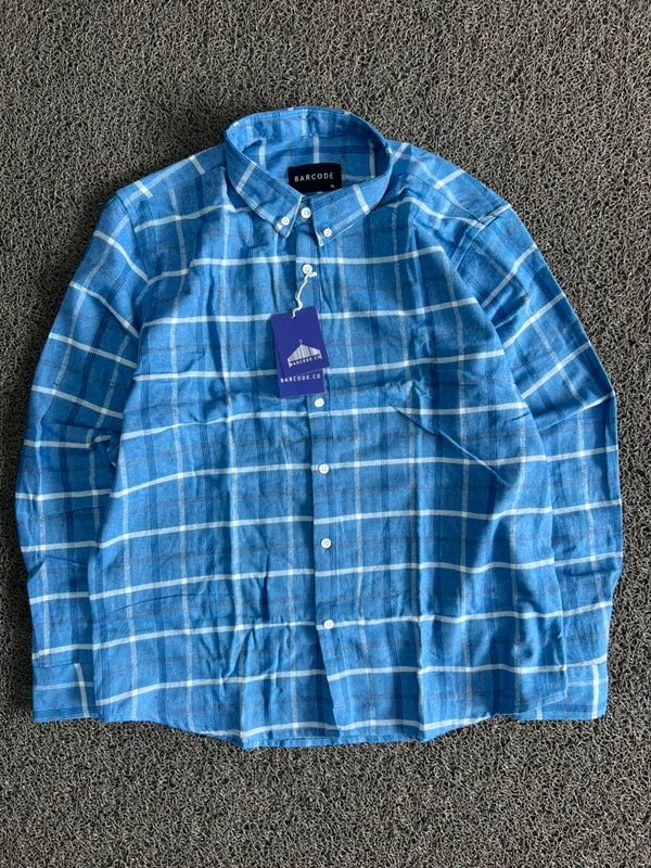 Barcode Blue Windowpane Check Button-Down Shirt – Long Sleeve Casual Men's Shirt