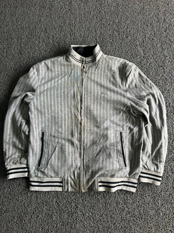 Vintage Grey Track Jacket with Striped Ribbed Collar & Cuffs
