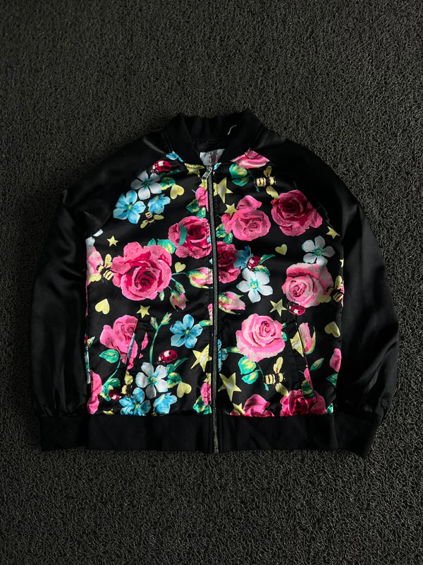 Black Floral Bomber Jacket with Full Zip