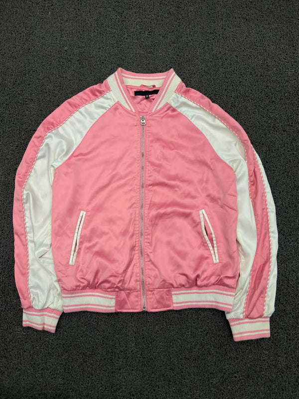 Pink & White Satin Bomber Jacket – Zip-Up Varsity Style