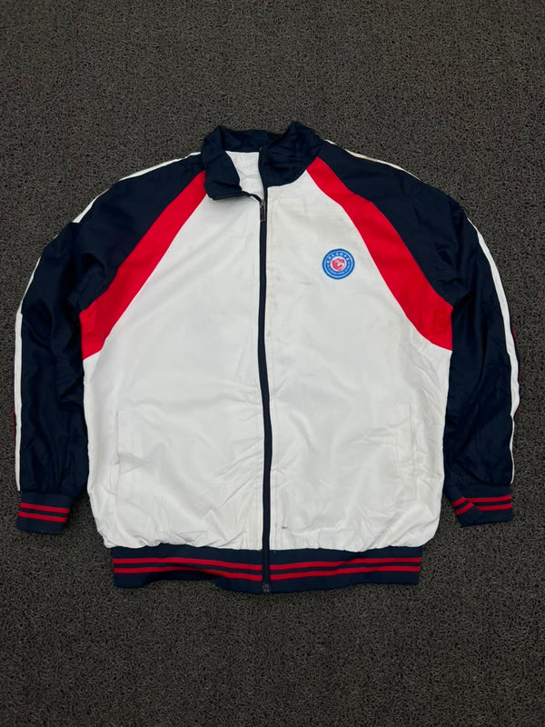 Vintage Colorblock Track Jacket – White/Navy/Red Zip-Up Sports Jacket ⚠️ Minor Stain