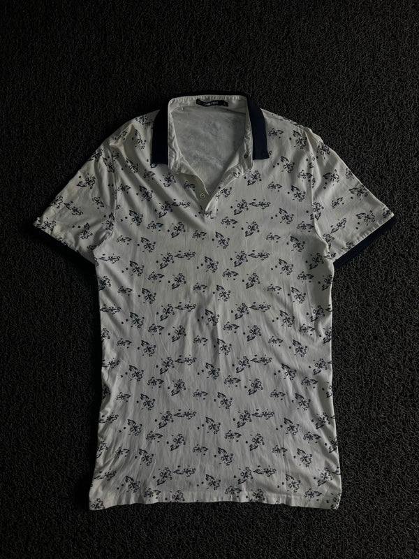 Vintage One Star White Floral Print Polo Shirt – Collar Casual Tee