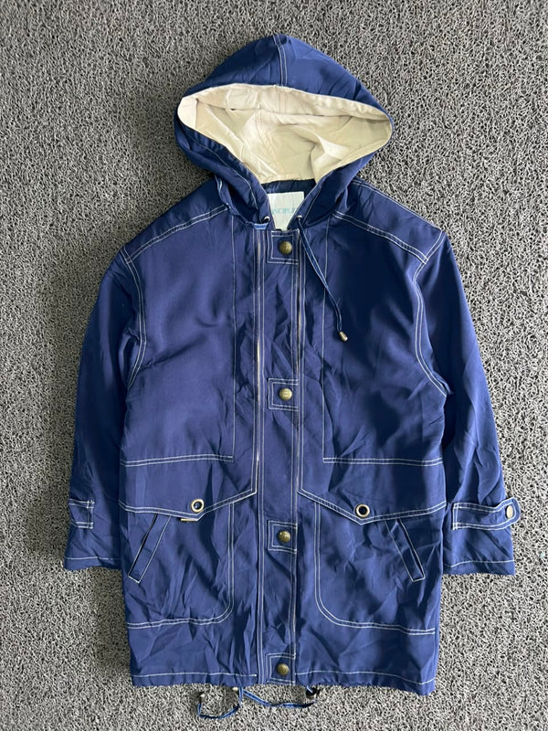 Navy Blue Hooded Utility Jacket with Contrast Stitching