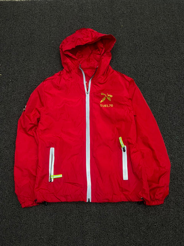 Red Hooded Windbreaker Jacket with Reflective Zip Details