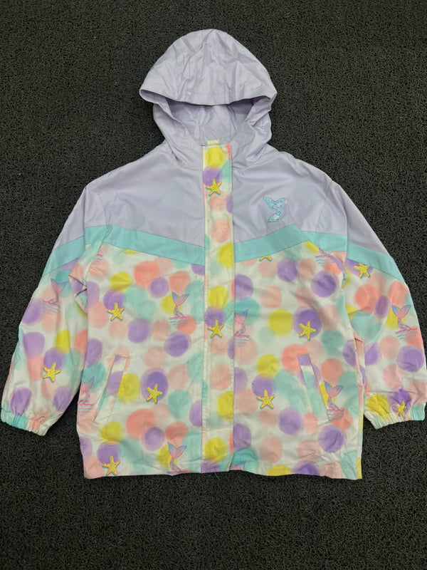 Pastel Mermaid Print Hooded Windbreaker Jacket – Lightweight Kids Rain Jacket