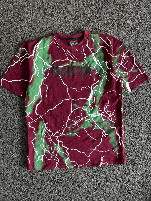 Maroon & Green Lightning Print Graphic T-Shirt