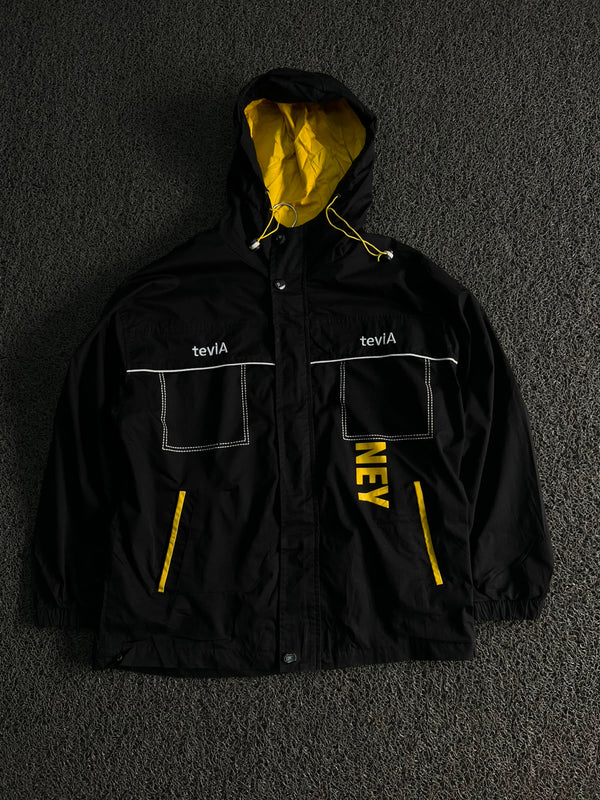 TeviA Black & Yellow Hooded Windbreaker Jacket – Lightweight Outdoor Jacket ⚠️ No Front Zip, Small Damage