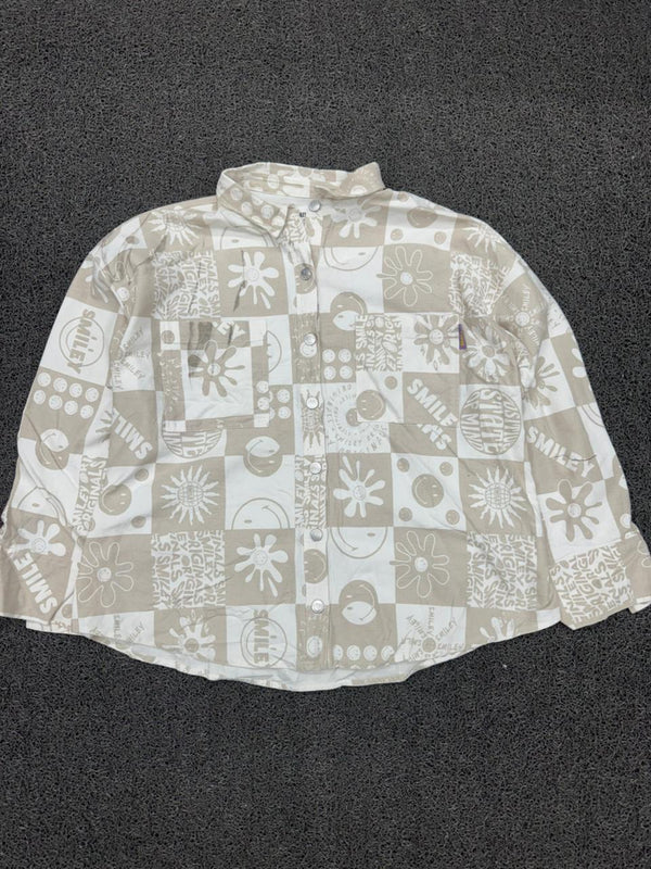 Smiley Print Checkered Oversized Shirt in Beige ⚠️ Small Stains