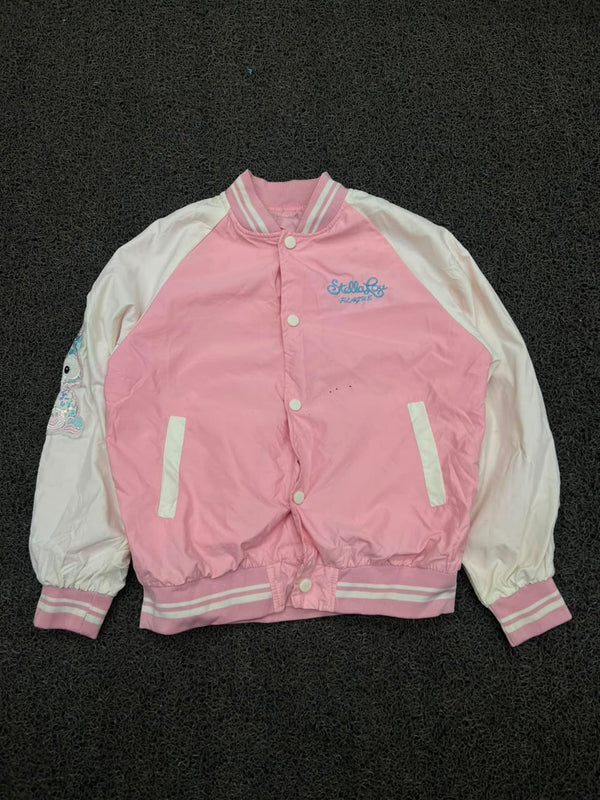 Pink & White Varsity Bomber Jacket – Snap Button Casual Baseball Jacket