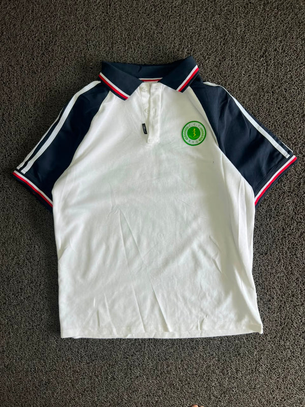 Men’s White & Navy Blue Colorblock Polo T-Shirt with Striped Trim