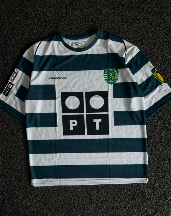 Cristiano Ronaldo #7 Sporting CP 2002-03 Home Jersey – Green & White Striped Reebok Football Five Sleeve Jersey