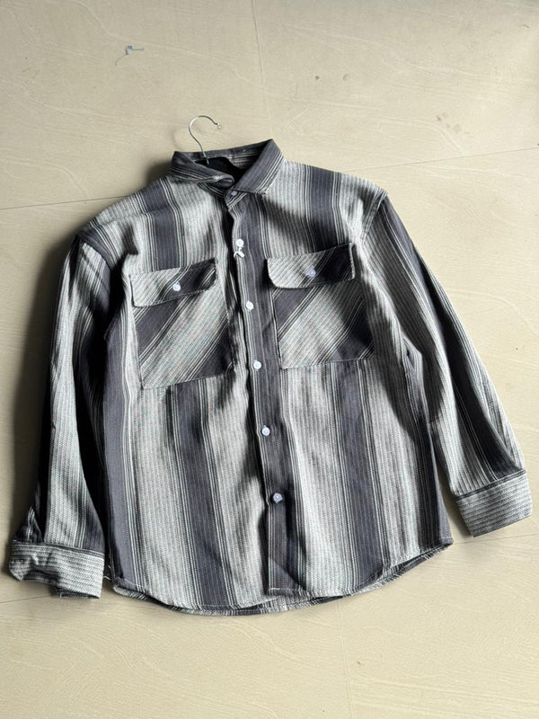 Men’s Grey Textured Stripe Long Sleeve Button-Up Shirt with Dual Chest Pockets