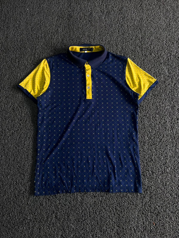 Men’s Navy Blue & Yellow Patterned Polo Shirt