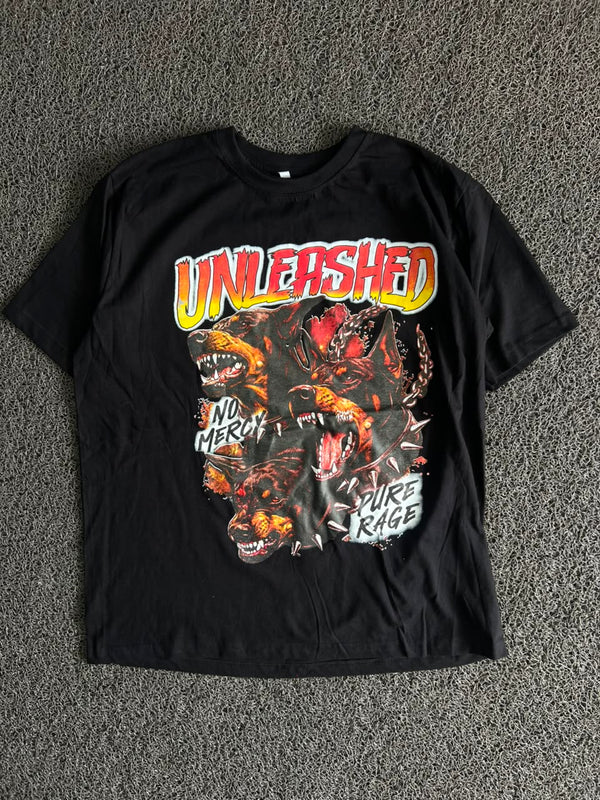 Unleashed No Mercy Graphic Print Black T-Shirt | Vintage-Inspired Dog Rage Design