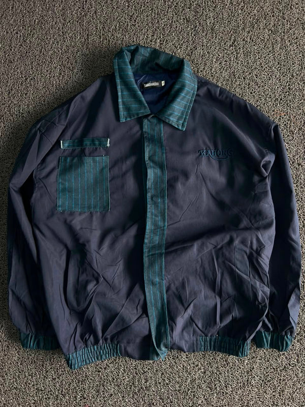 KAHONG Navy Plaid Trim Bomber Jacket ⚠️ Small Damage
