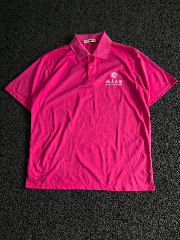 Vintage Peking University Embroidered Pink Polo Shirt – Classic Collared Tee