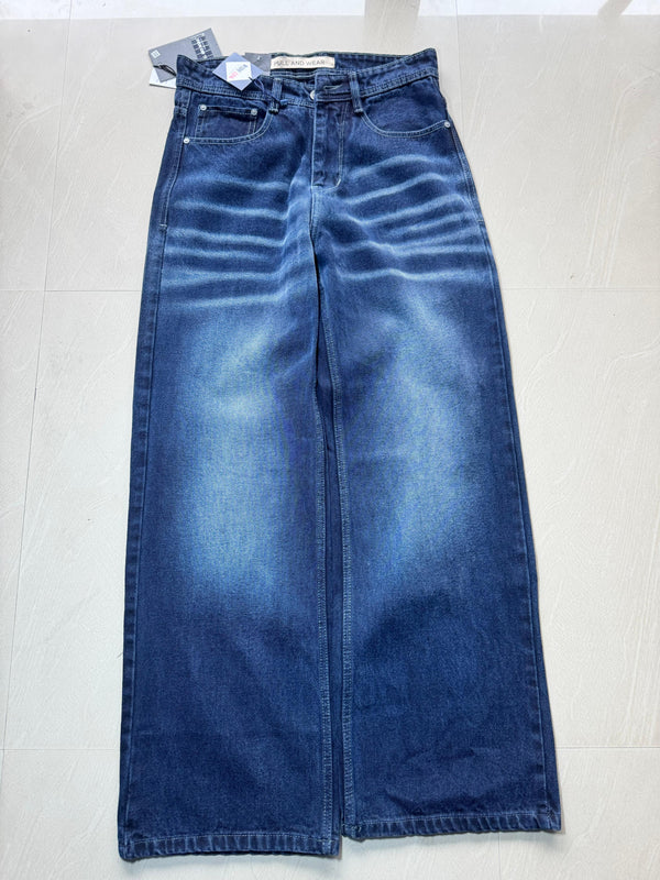 Men's Dark Blue Wide Leg Washed Jeans