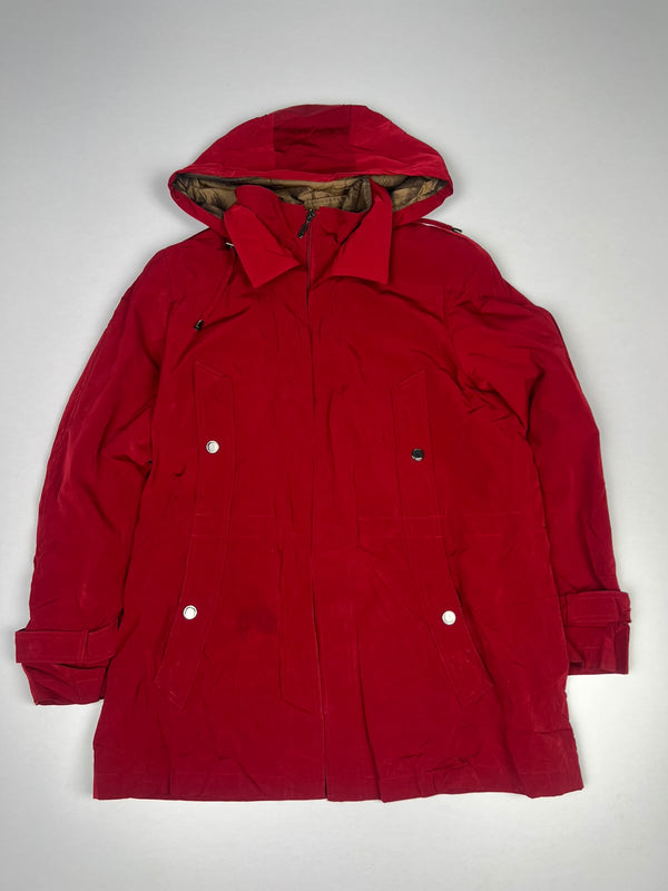 Red Hooded Longline Coat Jacket with Front Closure, Snap Buttons and Adjustable Cuffs