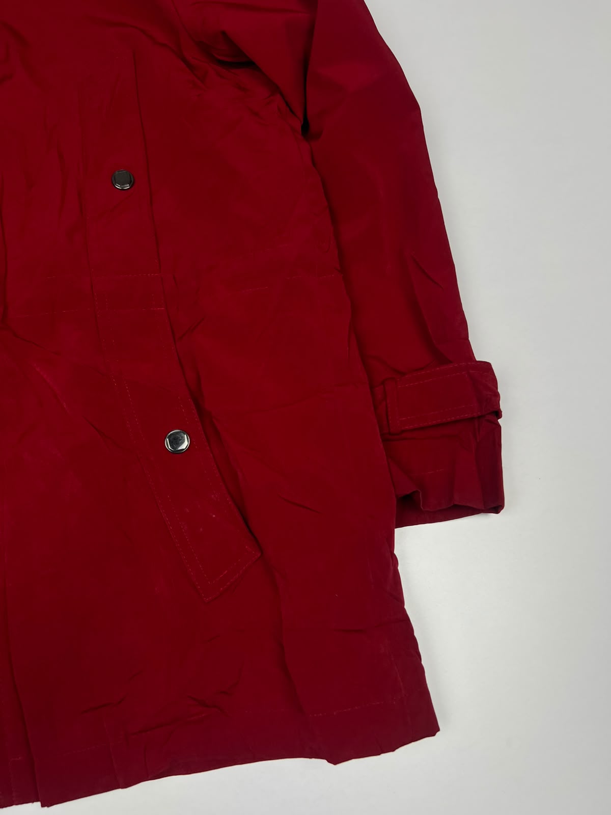 Red Hooded Longline Coat Jacket with Front Closure, Snap Buttons and Adjustable Cuffs