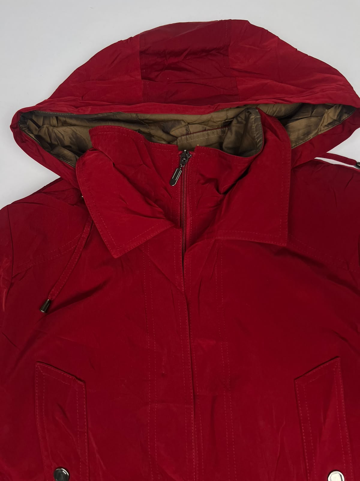 Red Hooded Longline Coat Jacket with Front Closure, Snap Buttons and Adjustable Cuffs