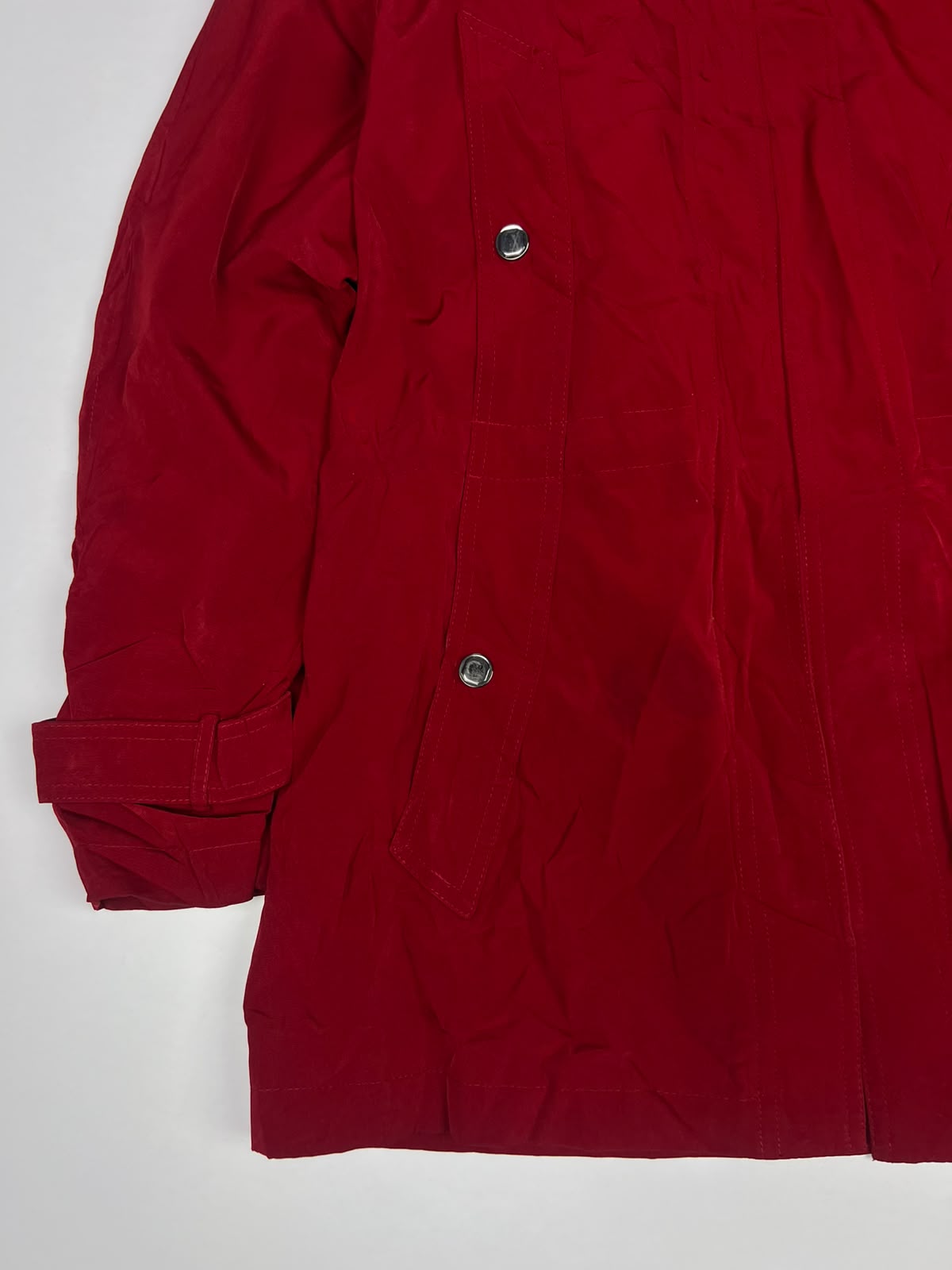 Red Hooded Longline Coat Jacket with Front Closure, Snap Buttons and Adjustable Cuffs