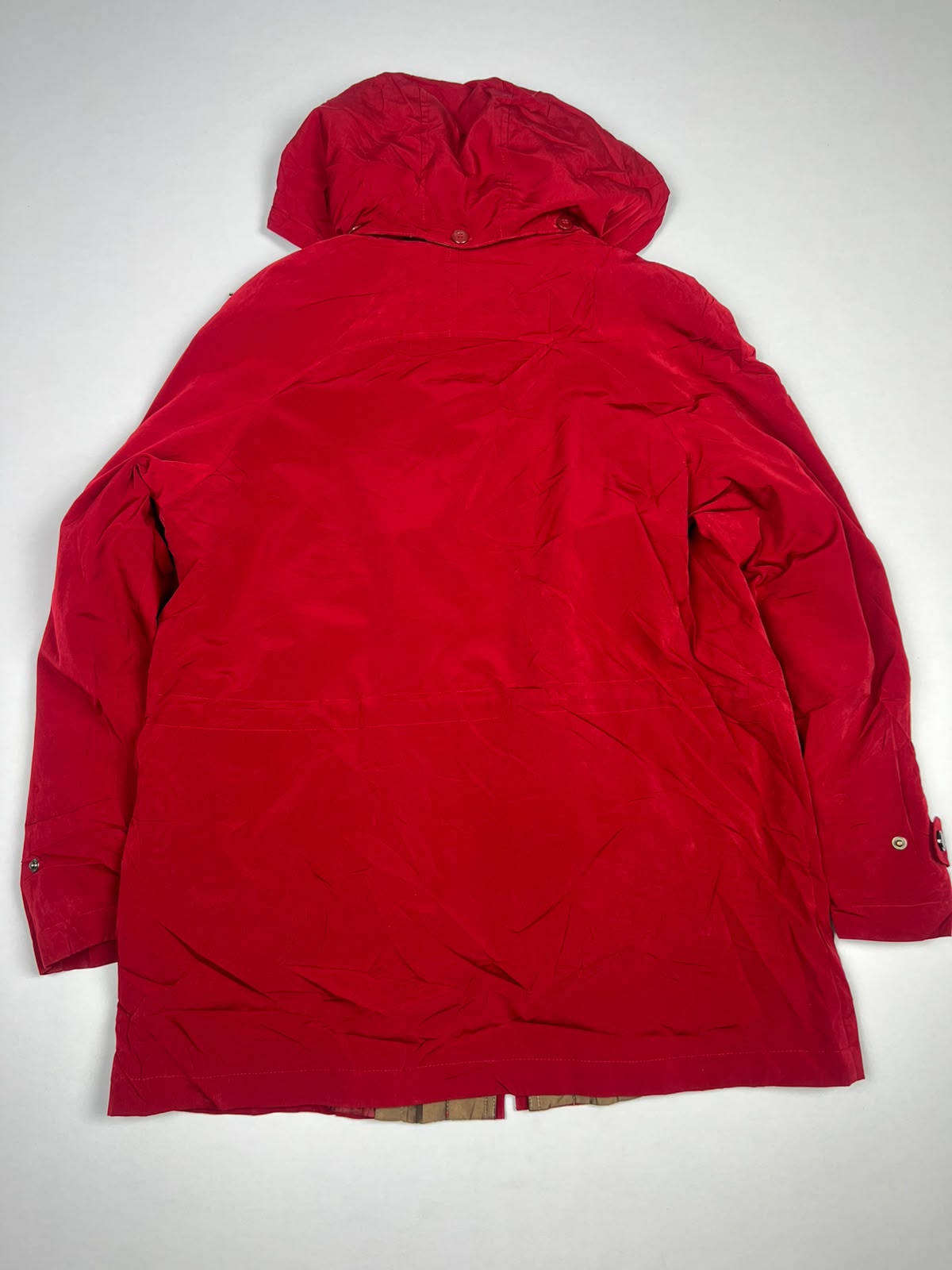 Red Hooded Longline Coat Jacket with Front Closure, Snap Buttons and Adjustable Cuffs