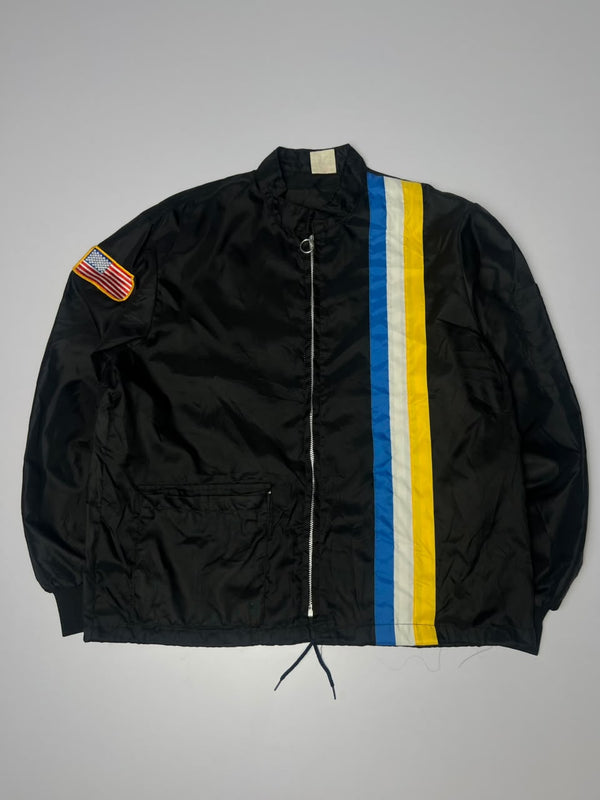 Black Lightweight Zip-Up Windbreaker Jacket with Blue, White & Yellow Stripes and USA Flag Patch