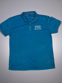 Turquoise Blue Short-Sleeve Polo T-Shirt with White Text Print ⚠️ Small Stains