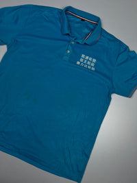 Turquoise Blue Short-Sleeve Polo T-Shirt with White Text Print ⚠️ Small Stains