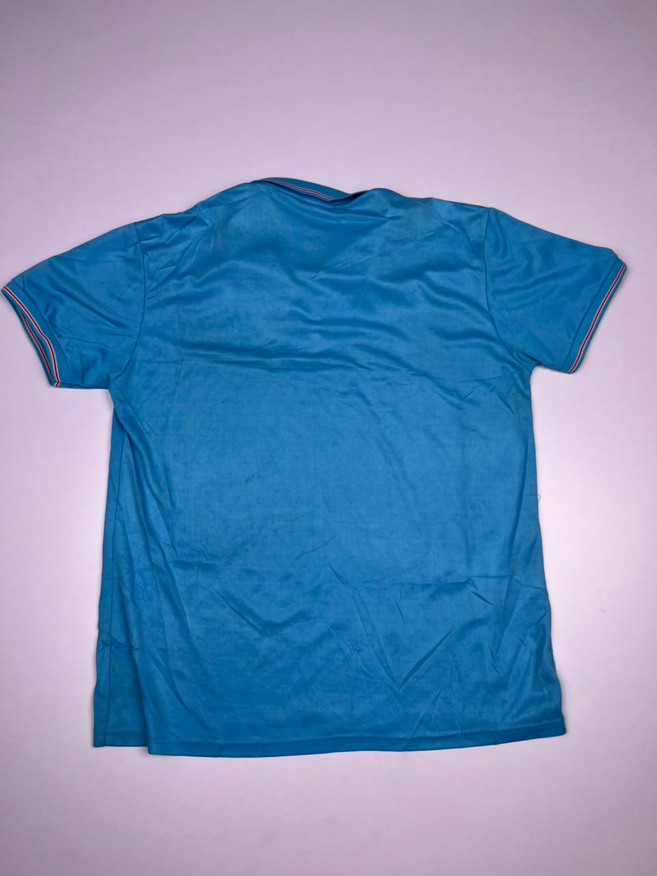 Turquoise Blue Short-Sleeve Polo T-Shirt with White Text Print ⚠️ Small Stains