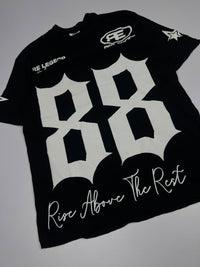 Graphic Print T-Shirt with Oversized Number Design and “Rise Above the Rest” Text