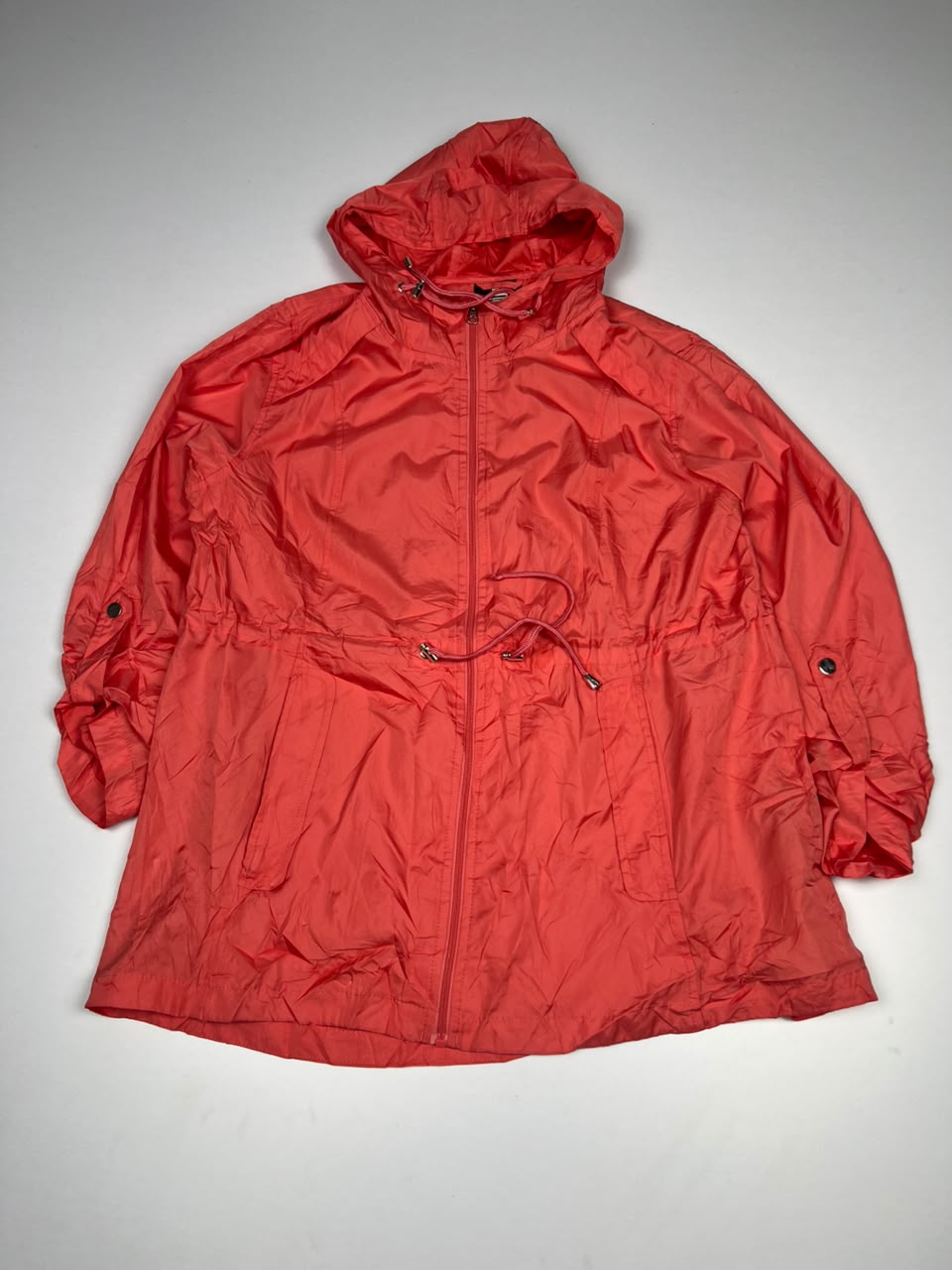 Vintage Red Hooded Zip-Up Windbreaker Jacket with Adjustable Waist – Thriftwear