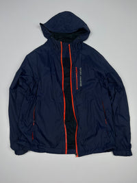 Navy Blue Hooded Windbreaker Jacket with Orange Contrast Zippers – Sport Training Jacket ⚠️ Small Damage and No Zip