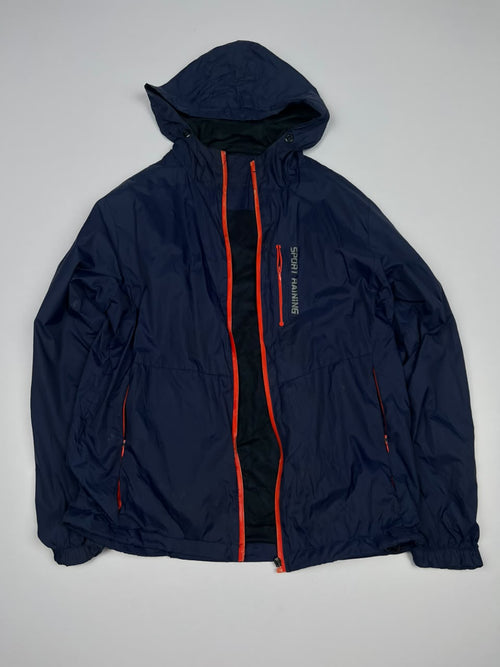 Navy Blue Hooded Windbreaker Jacket with Orange Contrast Zippers – Sport Training Jacket ⚠️ Small Damage and No Zip