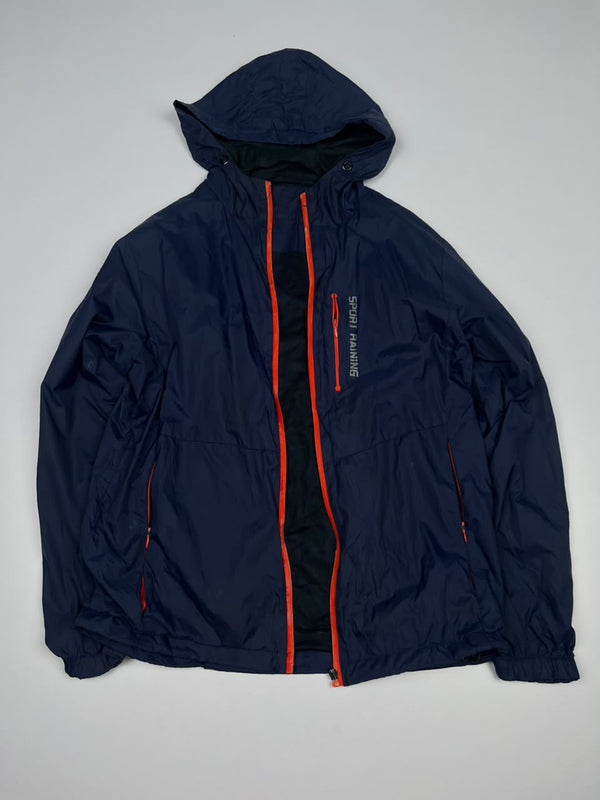 Navy Blue Hooded Windbreaker Jacket with Orange Contrast Zippers – Sport Training Jacket ⚠️ Small Damage and No Zip