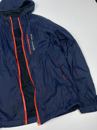 Navy Blue Hooded Windbreaker Jacket with Orange Contrast Zippers – Sport Training Jacket ⚠️ Small Damage and No Zip