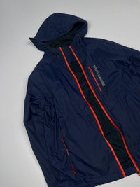 Navy Blue Hooded Windbreaker Jacket with Orange Contrast Zippers – Sport Training Jacket ⚠️ Small Damage and No Zip