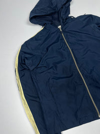 Navy Blue Hooded Windbreaker Jacket with Yellow Contrast Side Stripes – Vintage Sportswear Jacket