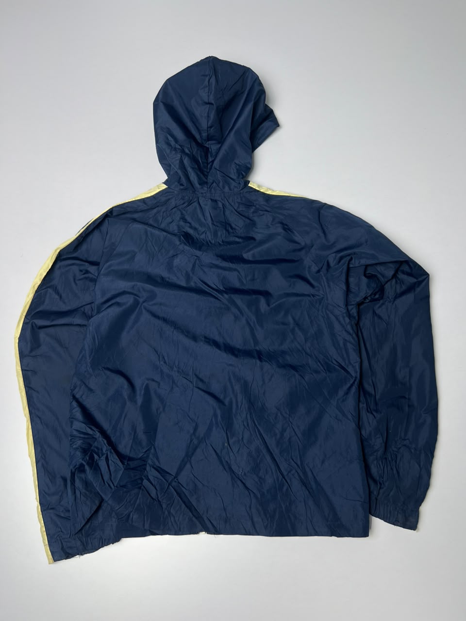 Navy Blue Hooded Windbreaker Jacket with Yellow Contrast Side Stripes – Vintage Sportswear Jacket