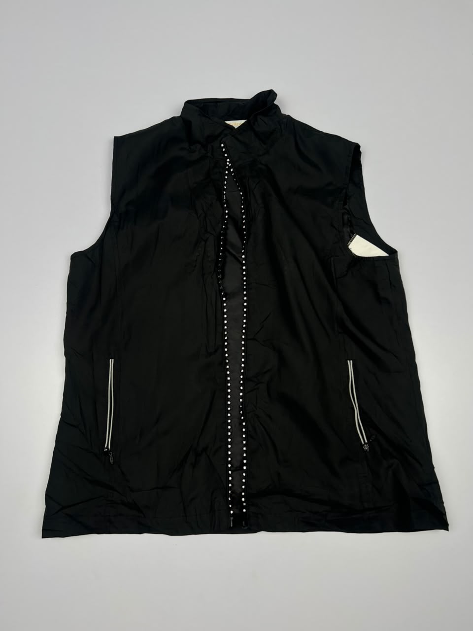 Vintage Black Sleeveless Zip-Up Utility Vest with Studded Trim and Contrast Zipper Pockets ⚠️ No Zip