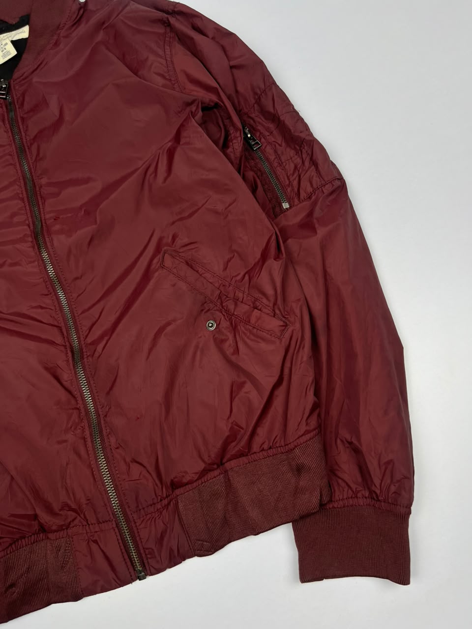 Vintage Zip-Up Bomber Jacket with Ribbed Cuffs, Hem and Utility Sleeve Pocket