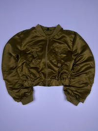 Satin Utility Bomber Jacket with Cargo Pockets and Ribbed Cuffs